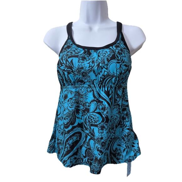 Yonique Women's Large Blue Tankini Top Modest Blouson Crisscross Back Top - Picture 1 of 10